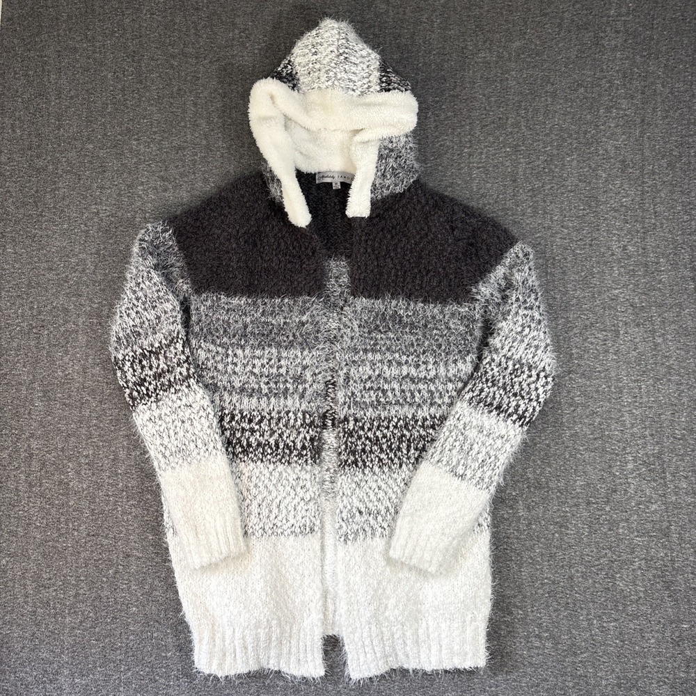Fluffy Gray / White Hooded Open Front Sweater Cardigan Woman's Eyelash Knit Sz M